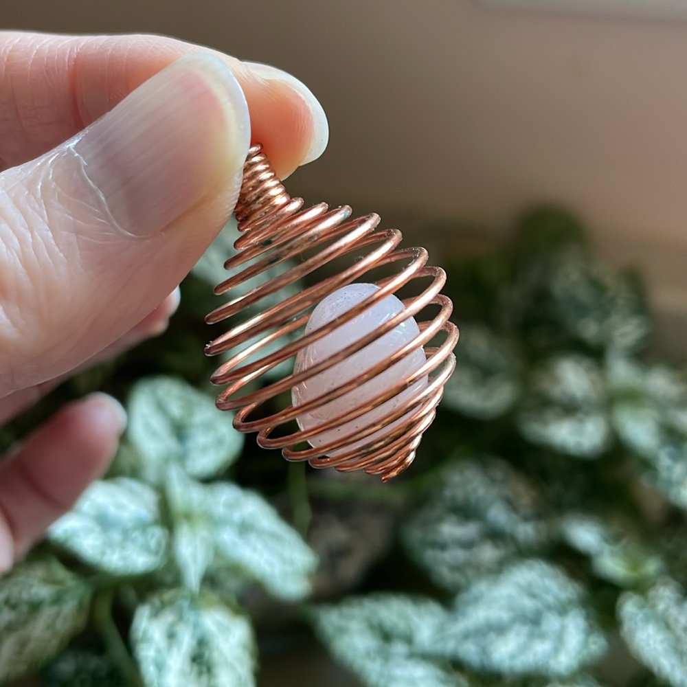 Copper spiral cage and rose quartz crystal gemstone pendant necklace unisex